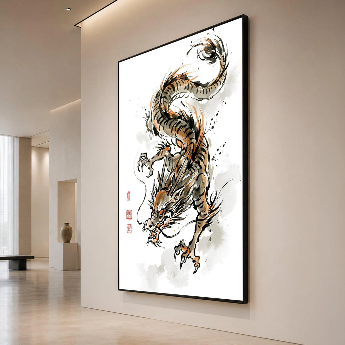 Fierce Asian Dragon Canvas Wall Art, Traditional Chinese Ink Painting, Oriental Mythical Creature Decor, Dynamic Canvas Print Art