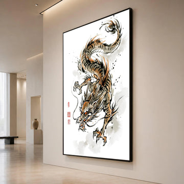 Fierce Asian Dragon Canvas Wall Art, Traditional Chinese Ink Painting, Oriental Mythical Creature Decor, Dynamic Canvas Print Art