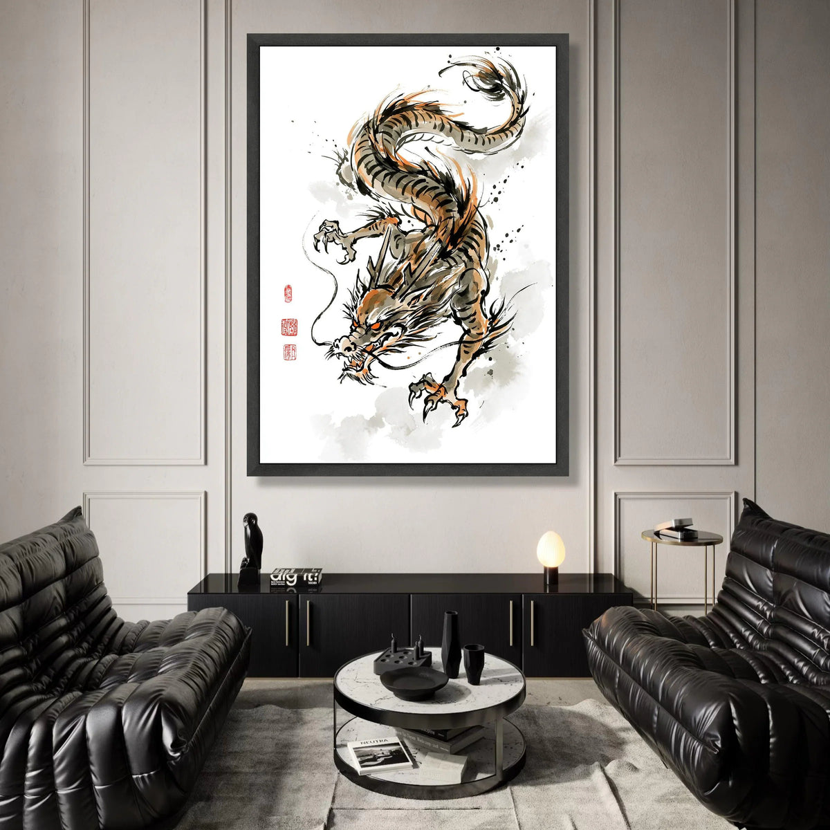Fierce Asian Dragon Canvas Wall Art, Traditional Chinese Ink Painting, Oriental Mythical Creature Decor, Dynamic Canvas Print Art