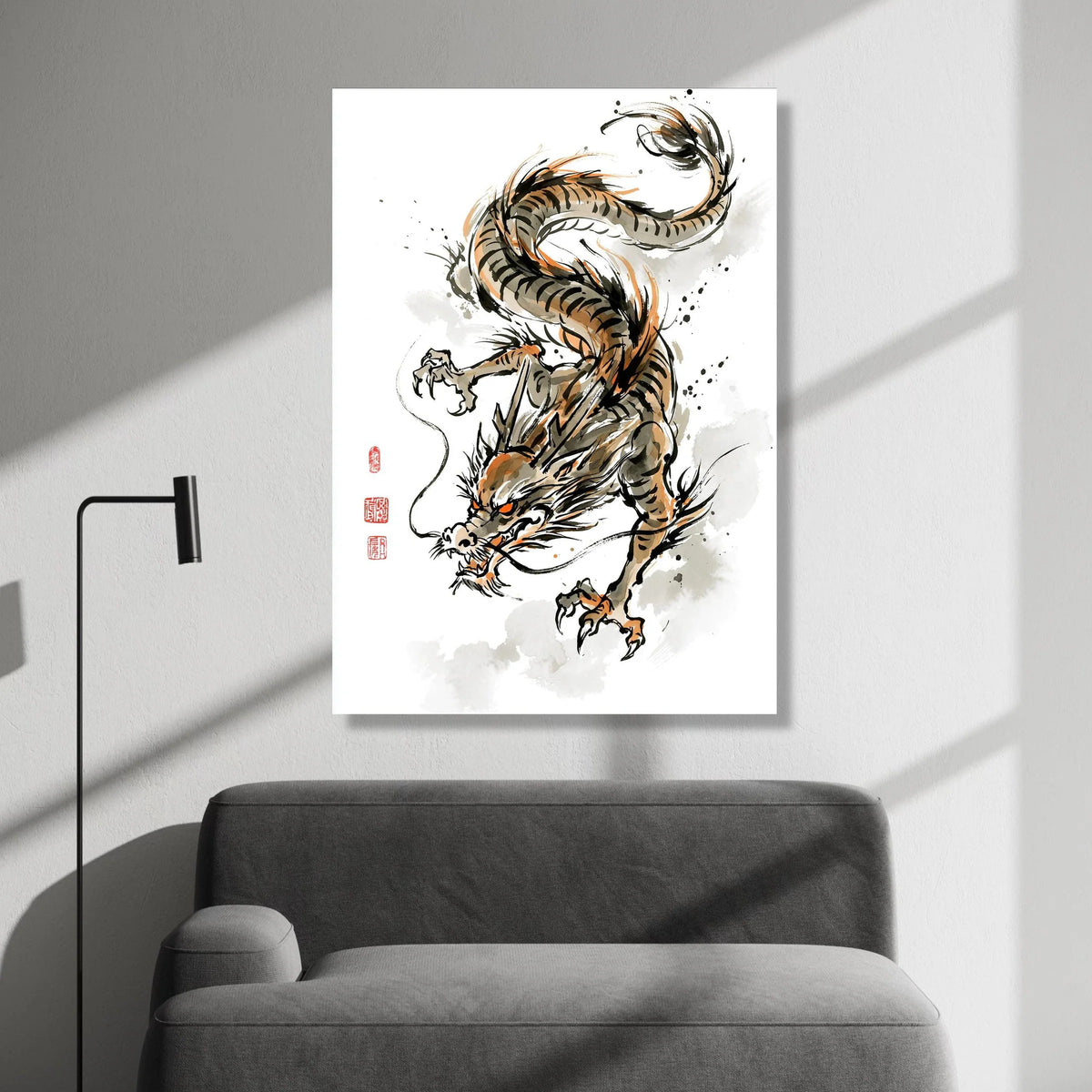 Fierce Asian Dragon Canvas Wall Art, Traditional Chinese Ink Painting, Oriental Mythical Creature Decor, Dynamic Canvas Print Art