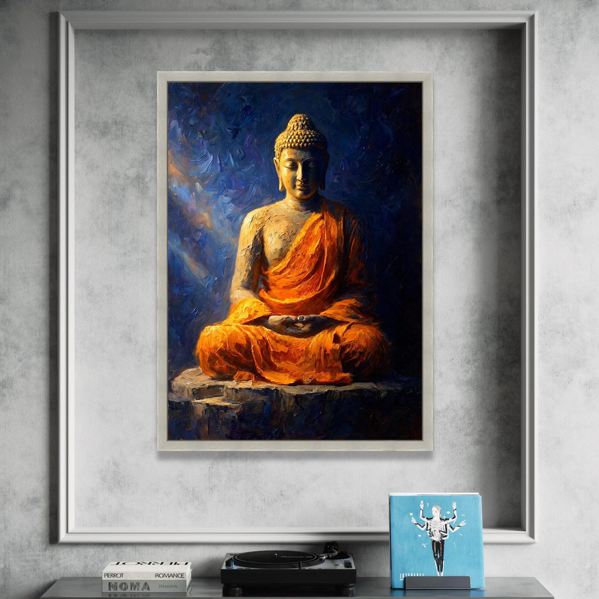 Meditative Buddha Statue Canvas, Spiritual Wall Art, Peaceful Zen Decor, Orange Robe Meditation, Calming Home Decoration Canvas Print Art