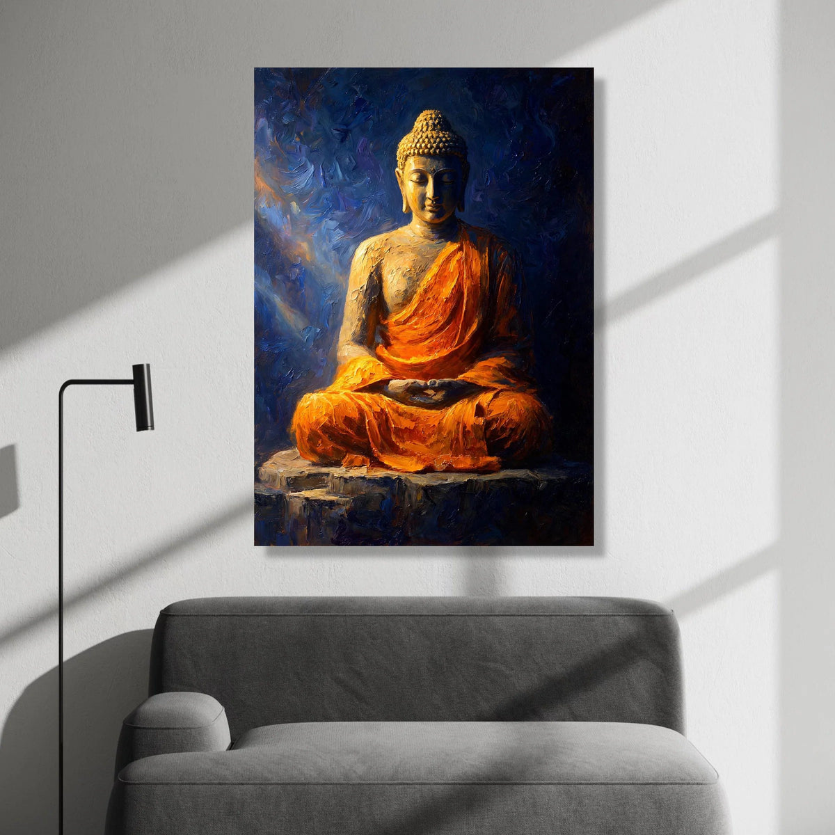 Meditative Buddha Statue Canvas, Spiritual Wall Art, Peaceful Zen Decor, Orange Robe Meditation, Calming Home Decoration Canvas Print Art