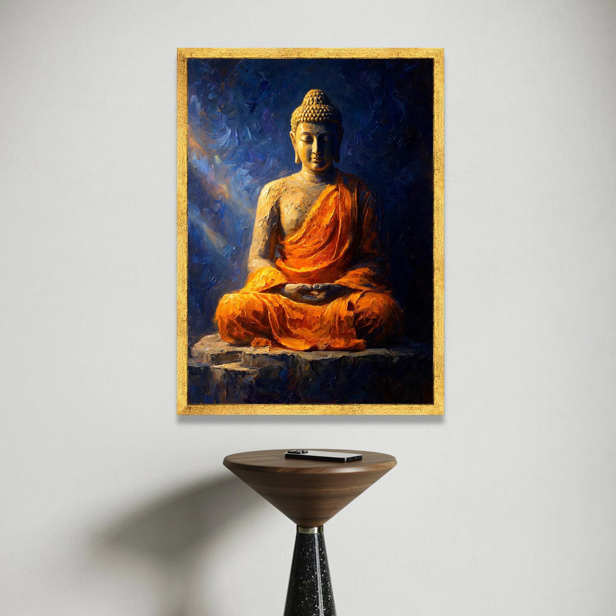 Meditative Buddha Statue Canvas, Spiritual Wall Art, Peaceful Zen Decor, Orange Robe Meditation, Calming Home Decoration Canvas Print Art