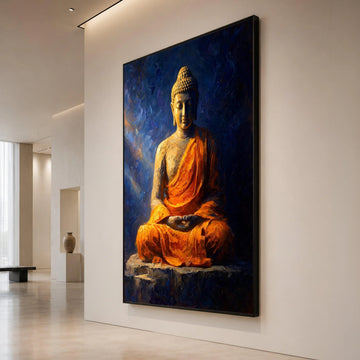 Meditative Buddha Statue Canvas, Spiritual Wall Art, Peaceful Zen Decor, Orange Robe Meditation, Calming Home Decoration Canvas Print Art