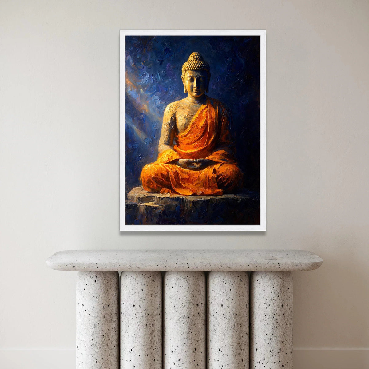Meditative Buddha Statue Canvas, Spiritual Wall Art, Peaceful Zen Decor, Orange Robe Meditation, Calming Home Decoration Canvas Print Art