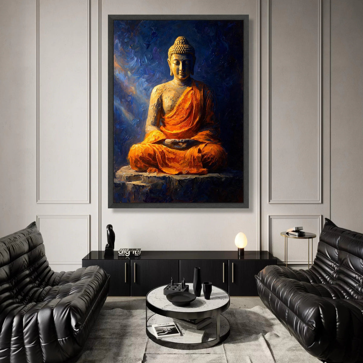 Meditative Buddha Statue Canvas, Spiritual Wall Art, Peaceful Zen Decor, Orange Robe Meditation, Calming Home Decoration Canvas Print Art