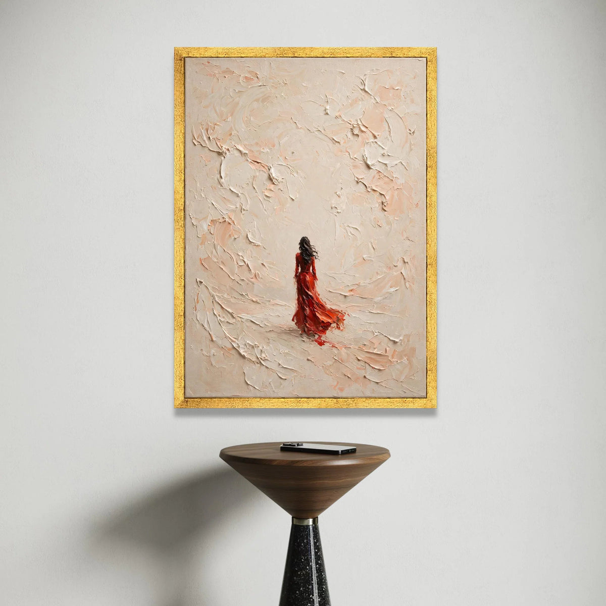 Woman Red Dress Canvas, Abstract Swirl Background, Modern Figurative Wall Art, Elegant Home Decoration, Contemporary Canvas Canvas Print Art