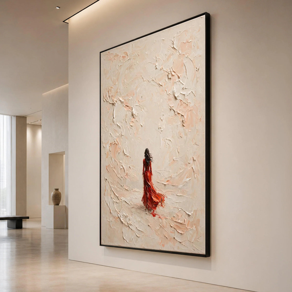 Woman Red Dress Canvas, Abstract Swirl Background, Modern Figurative Wall Art, Elegant Home Decoration, Contemporary Canvas Canvas Print Art