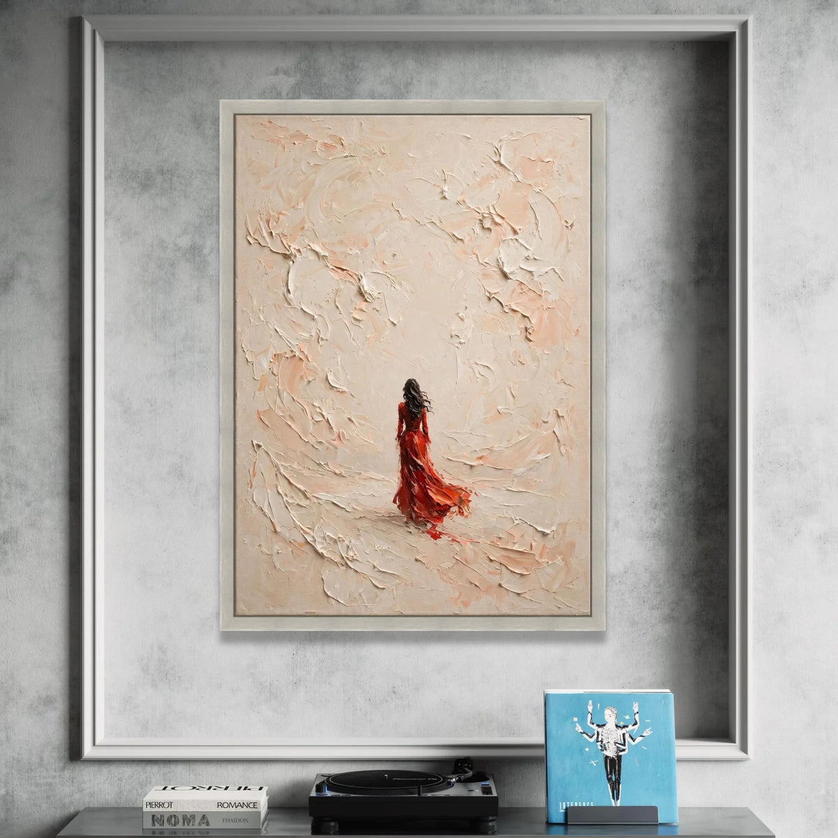Woman Red Dress Canvas, Abstract Swirl Background, Modern Figurative Wall Art, Elegant Home Decoration, Contemporary Canvas Canvas Print Art