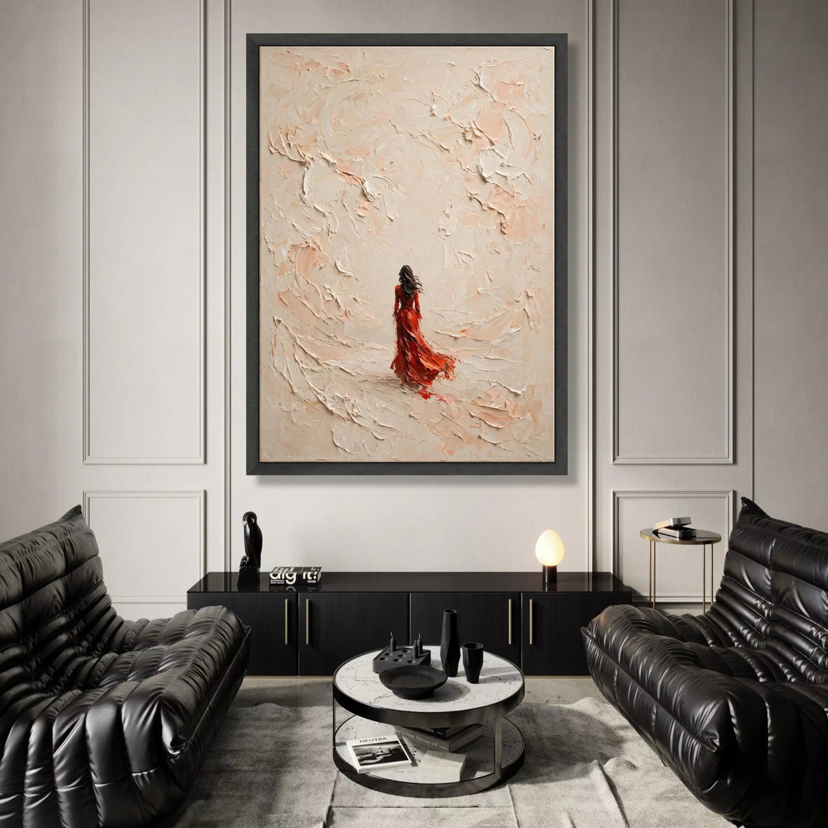 Woman Red Dress Canvas, Abstract Swirl Background, Modern Figurative Wall Art, Elegant Home Decoration, Contemporary Canvas Canvas Print Art