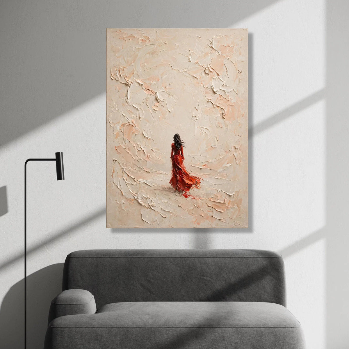 Woman Red Dress Canvas, Abstract Swirl Background, Modern Figurative Wall Art, Elegant Home Decoration, Contemporary Canvas Canvas Print Art