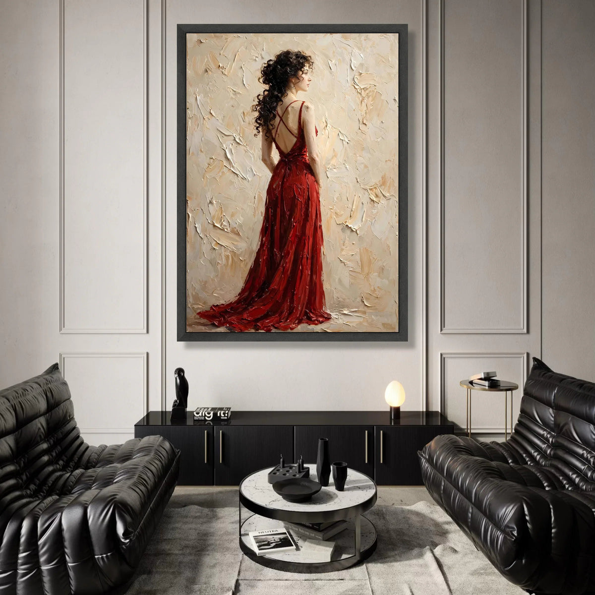 Elegant Woman Red Dress Canvas, Portrait Wall Art, Fashion Decor Canvas, Romantic Home Decoration, Ready to Hang Artwork Canvas Print Art