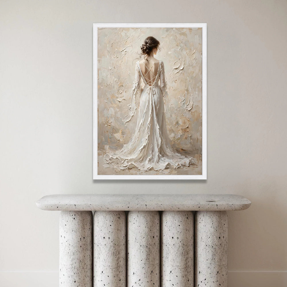 Elegant Woman Flowing White Dress Canvas, Romantic Back View Art, Feminine Home Decor, Soft Neutral Wall Art, Graceful Canvas Print Art