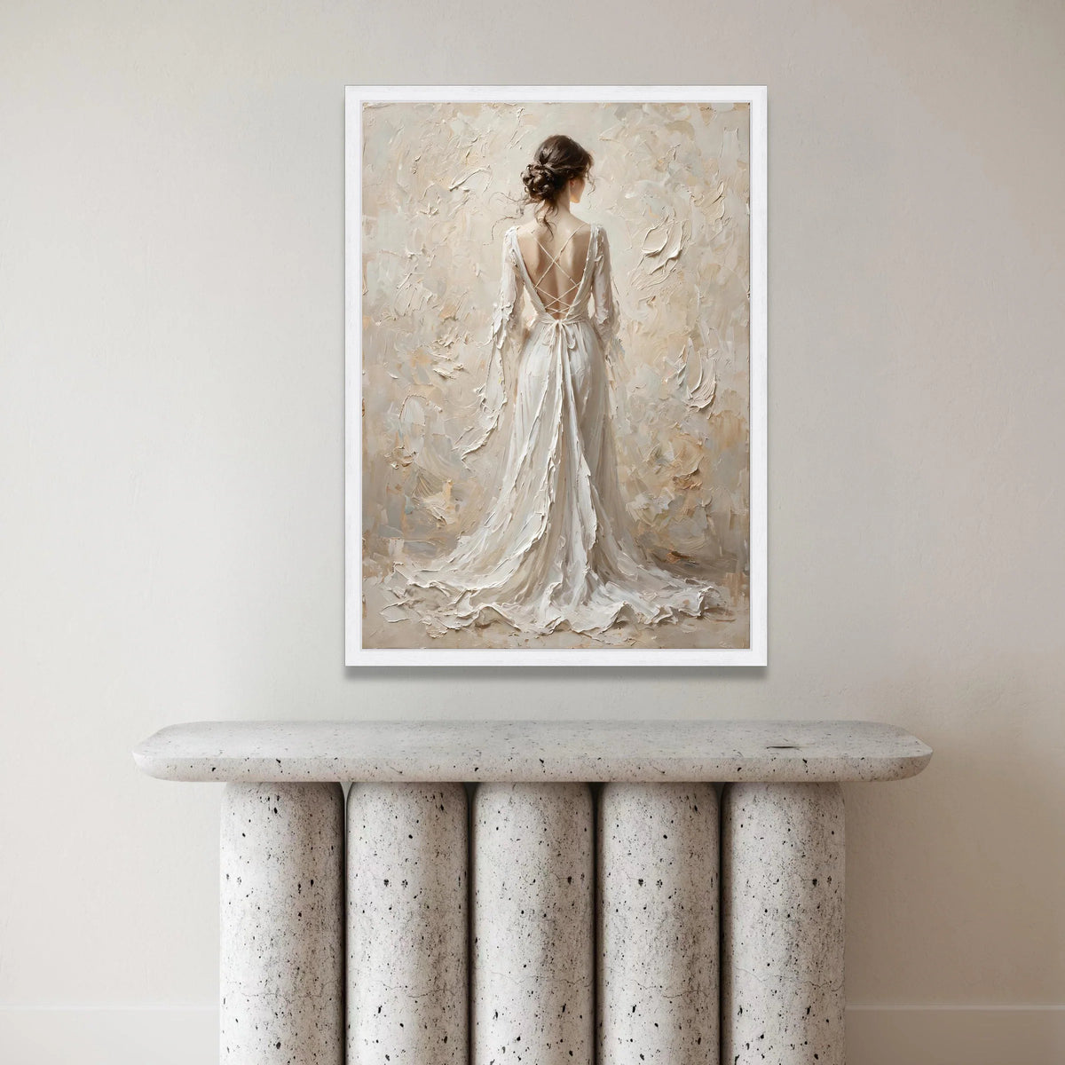 Elegant Woman Flowing White Dress Canvas, Romantic Back View Art, Feminine Home Decor, Soft Neutral Wall Art, Graceful Canvas Print Art