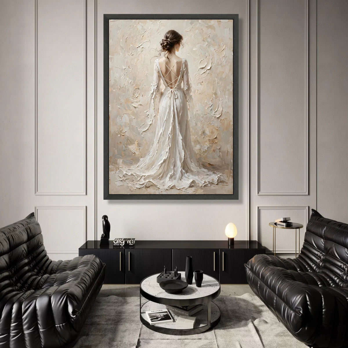 Elegant Woman Flowing White Dress Canvas, Romantic Back View Art, Feminine Home Decor, Soft Neutral Wall Art, Graceful Canvas Print Art