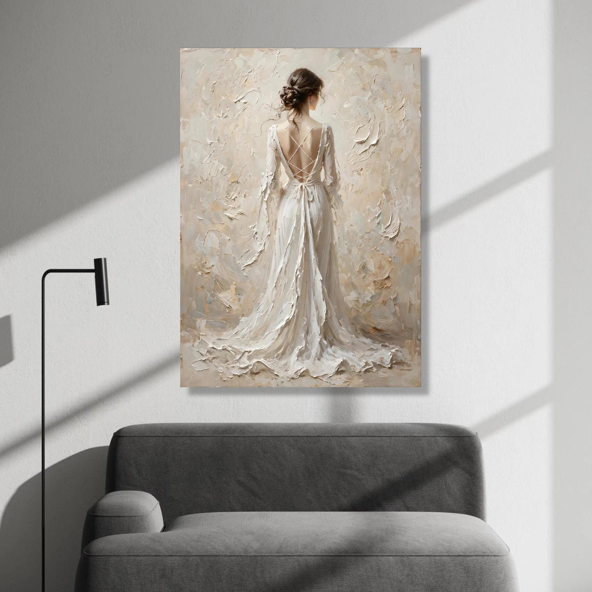 Elegant Woman Flowing White Dress Canvas, Romantic Back View Art, Feminine Home Decor, Soft Neutral Wall Art, Graceful Canvas Print Art