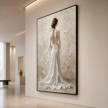 Elegant Woman Flowing White Dress Canvas, Romantic Back View Art, Feminine Home Decor, Soft Neutral Wall Art, Graceful Canvas Print Art