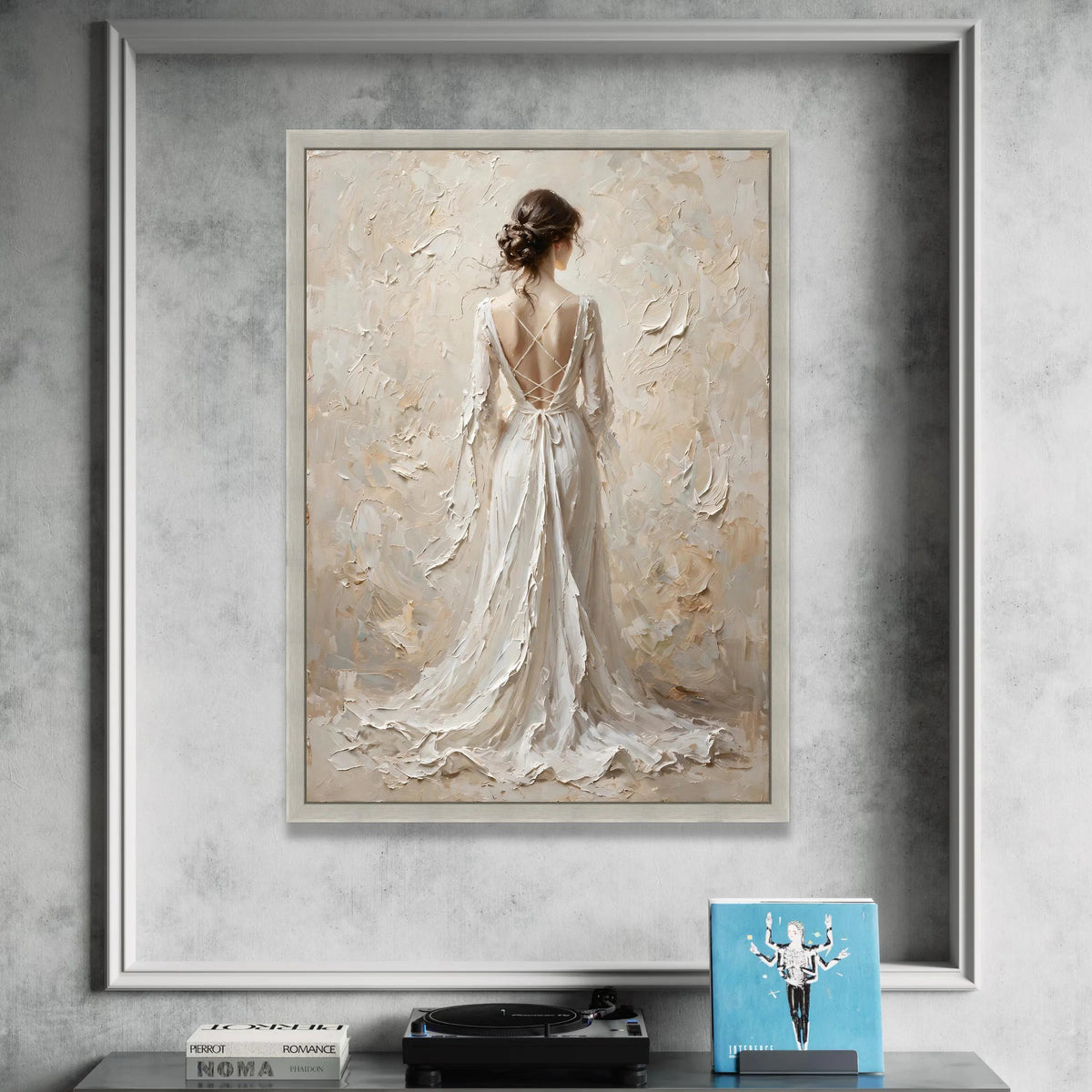 Elegant Woman Flowing White Dress Canvas, Romantic Back View Art, Feminine Home Decor, Soft Neutral Wall Art, Graceful Canvas Print Art