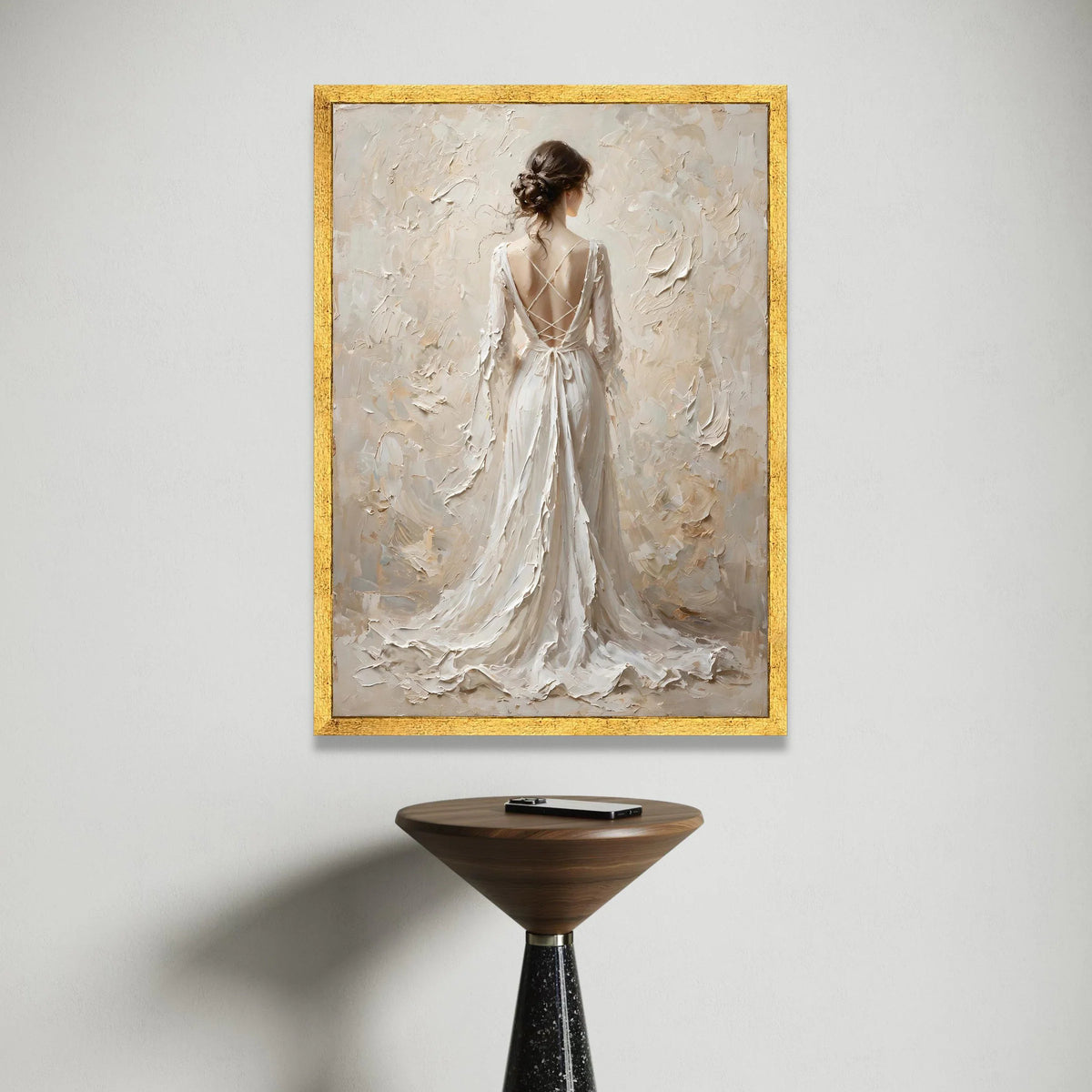 Elegant Woman Flowing White Dress Canvas, Romantic Back View Art, Feminine Home Decor, Soft Neutral Wall Art, Graceful Canvas Print Art