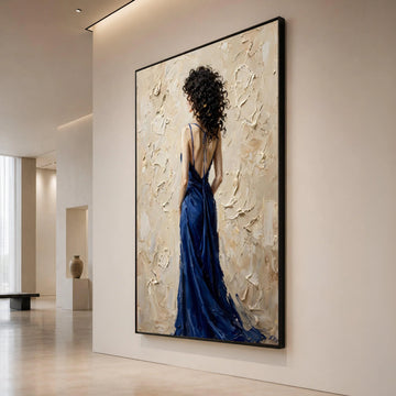 Elegant Woman Blue Dress Canvas, Back View Portrait Wall Art, Contemporary Female Figure Painting, Modern Home Decoration Canvas Print Art