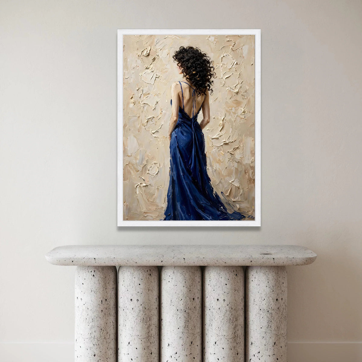 Elegant Woman Blue Dress Canvas, Back View Portrait Wall Art, Contemporary Female Figure Painting, Modern Home Decoration Canvas Print Art