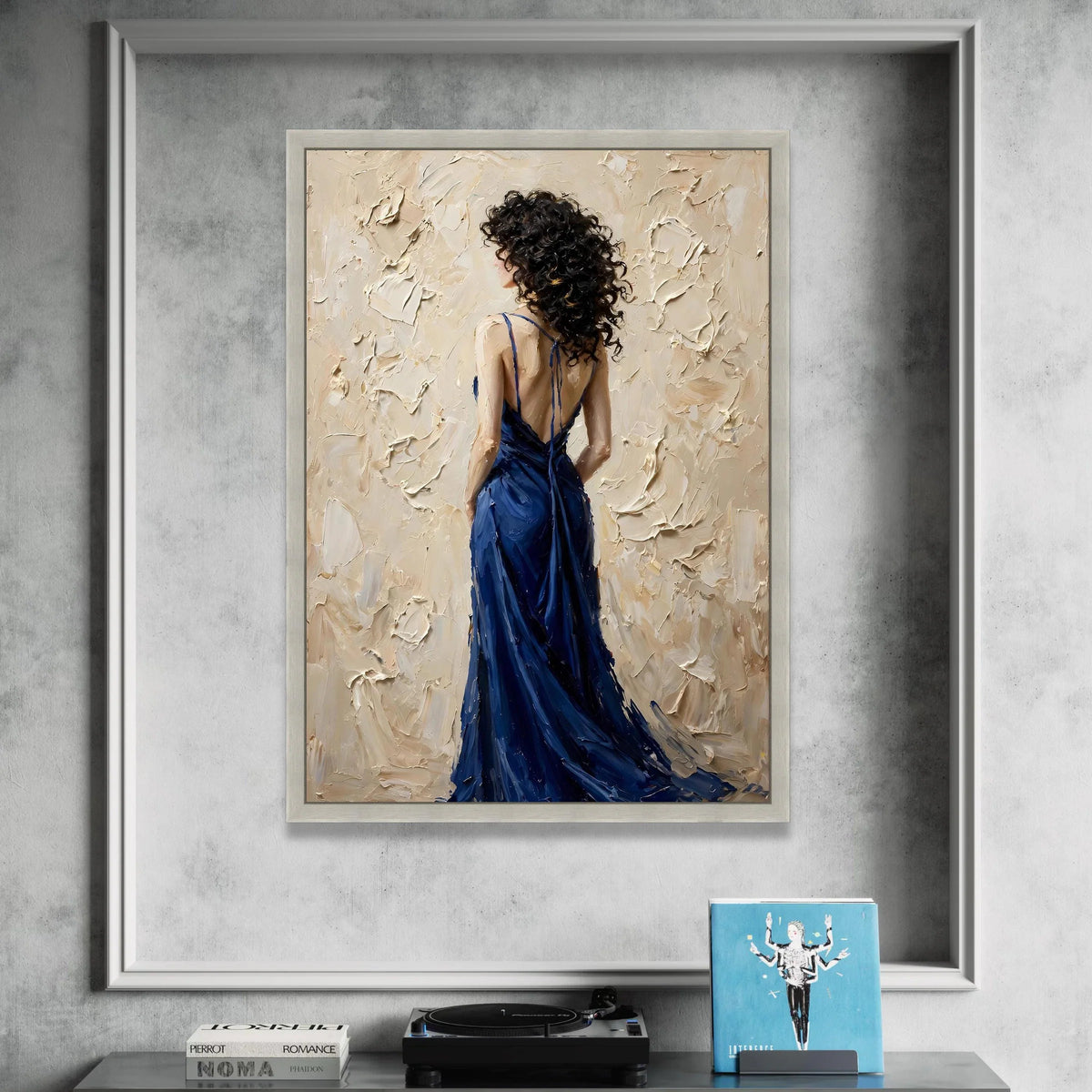Elegant Woman Blue Dress Canvas, Back View Portrait Wall Art, Contemporary Female Figure Painting, Modern Home Decoration Canvas Print Art