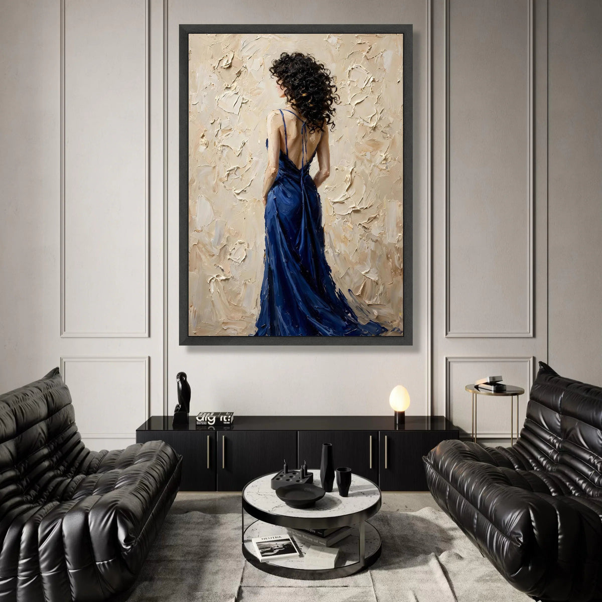Elegant Woman Blue Dress Canvas, Back View Portrait Wall Art, Contemporary Female Figure Painting, Modern Home Decoration Canvas Print Art