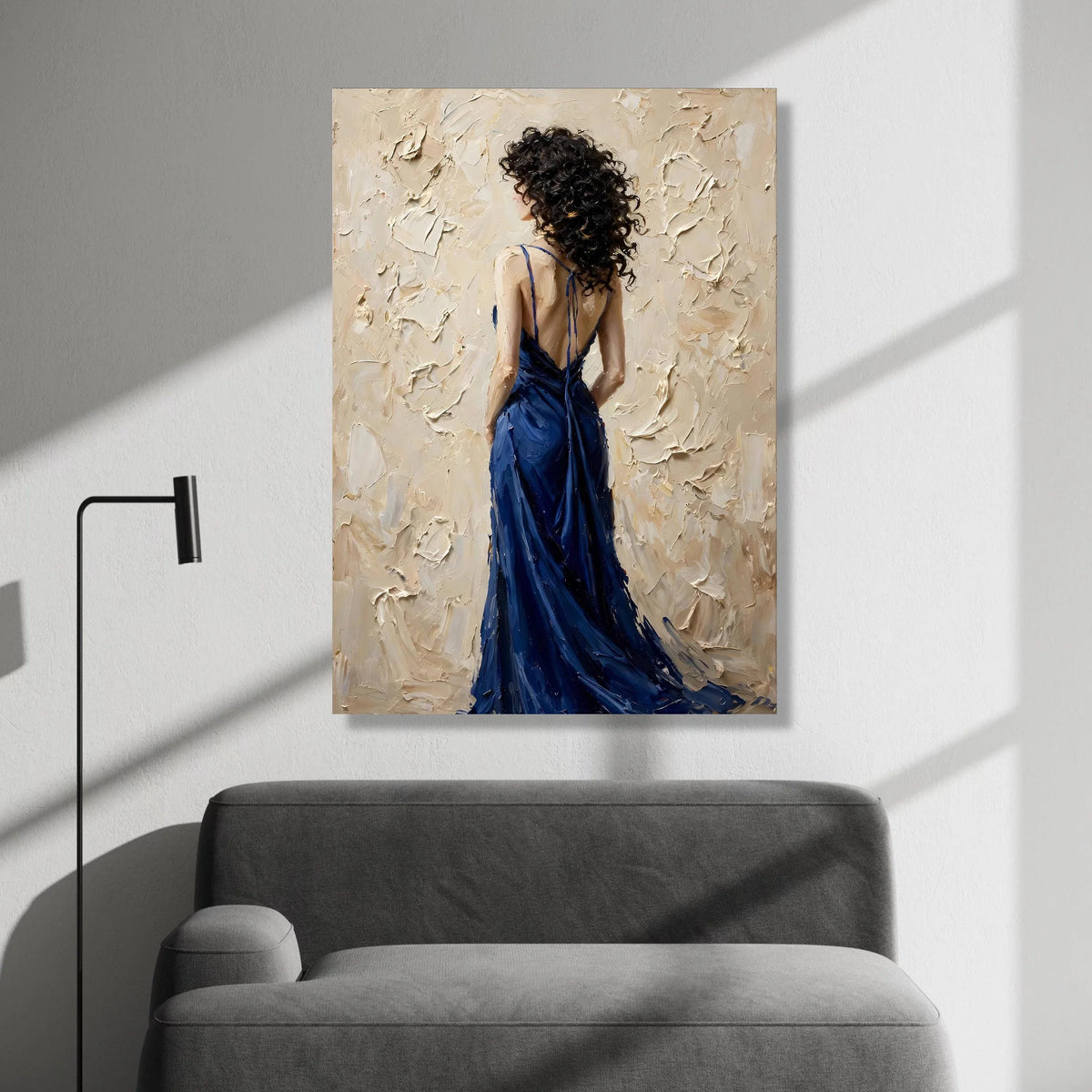 Elegant Woman Blue Dress Canvas, Back View Portrait Wall Art, Contemporary Female Figure Painting, Modern Home Decoration Canvas Print Art