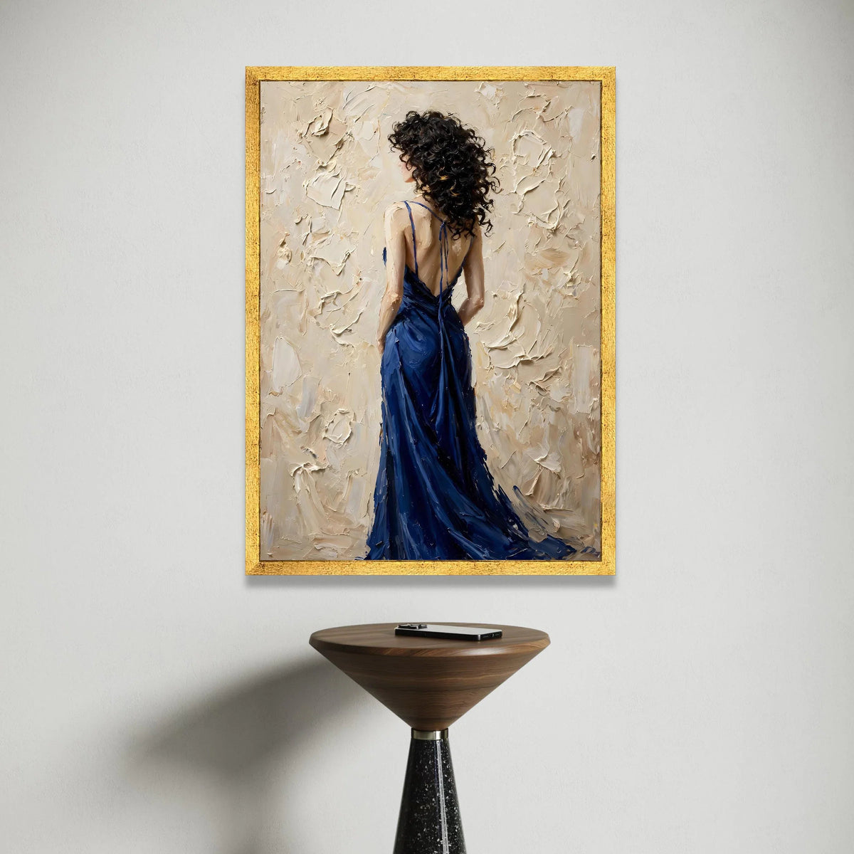 Elegant Woman Blue Dress Canvas, Back View Portrait Wall Art, Contemporary Female Figure Painting, Modern Home Decoration Canvas Print Art
