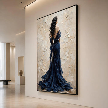 Elegant Woman Flowing Navy Dress, Romantic Portrait Canvas, Contemporary Figure Art, Graceful Female Wall Decoration, Home Canvas Print Art