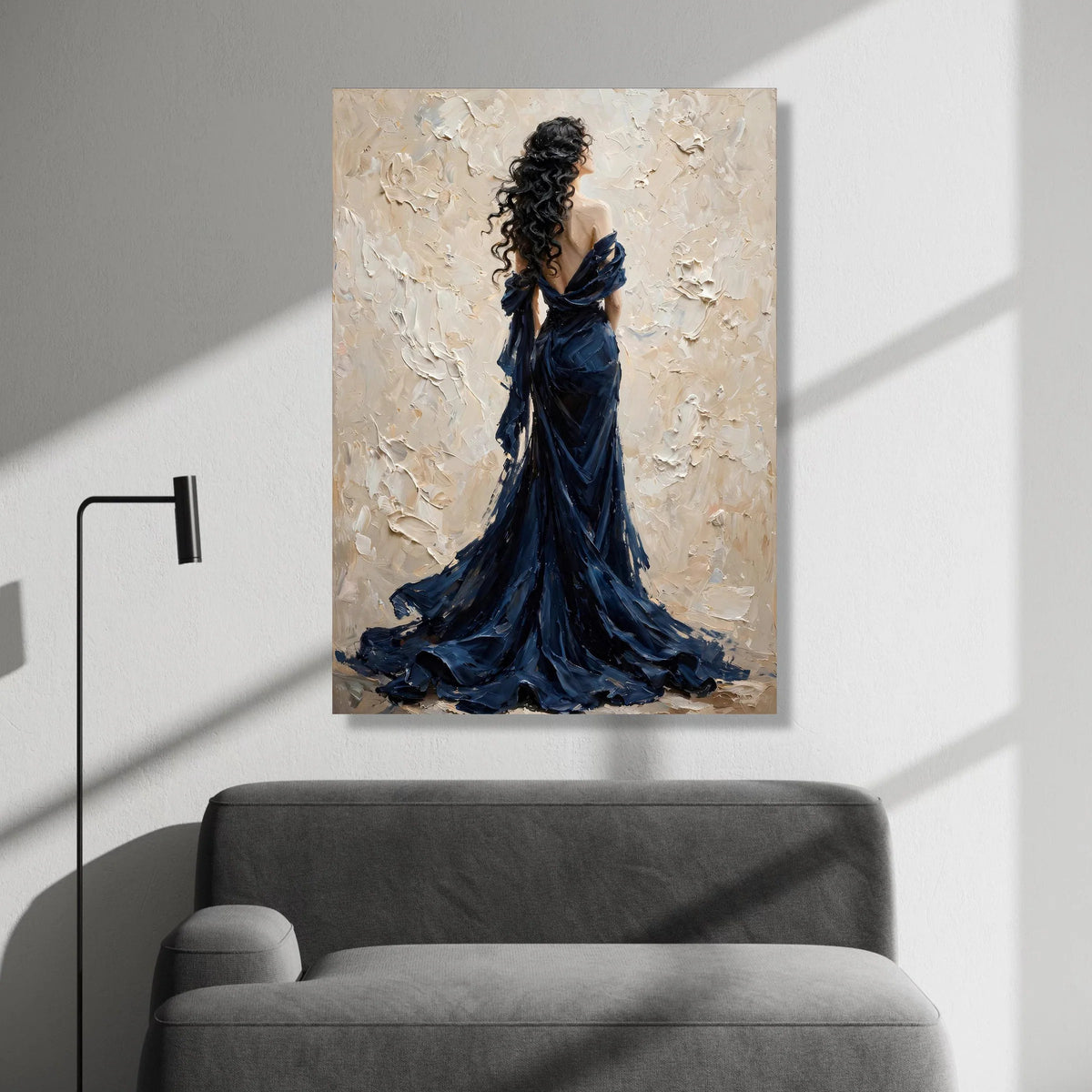 Elegant Woman Flowing Navy Dress, Romantic Portrait Canvas, Contemporary Figure Art, Graceful Female Wall Decoration, Home Canvas Print Art