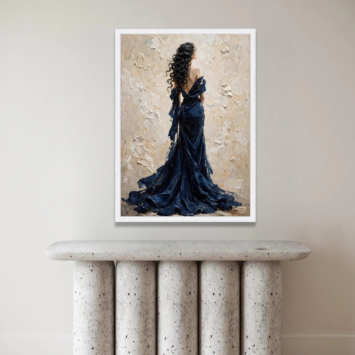 Elegant Woman Flowing Navy Dress, Romantic Portrait Canvas, Contemporary Figure Art, Graceful Female Wall Decoration, Home Canvas Print Art