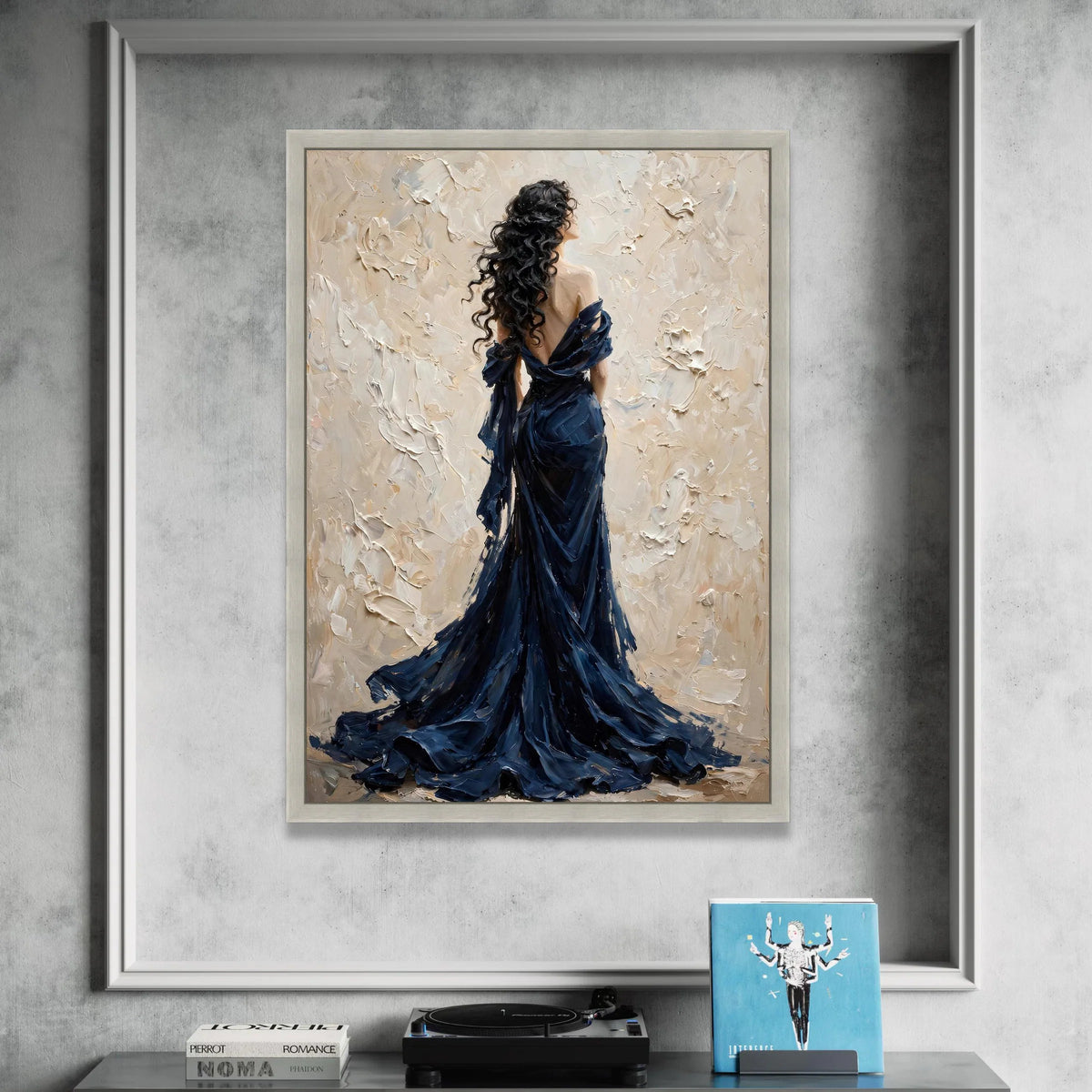 Elegant Woman Flowing Navy Dress, Romantic Portrait Canvas, Contemporary Figure Art, Graceful Female Wall Decoration, Home Canvas Print Art