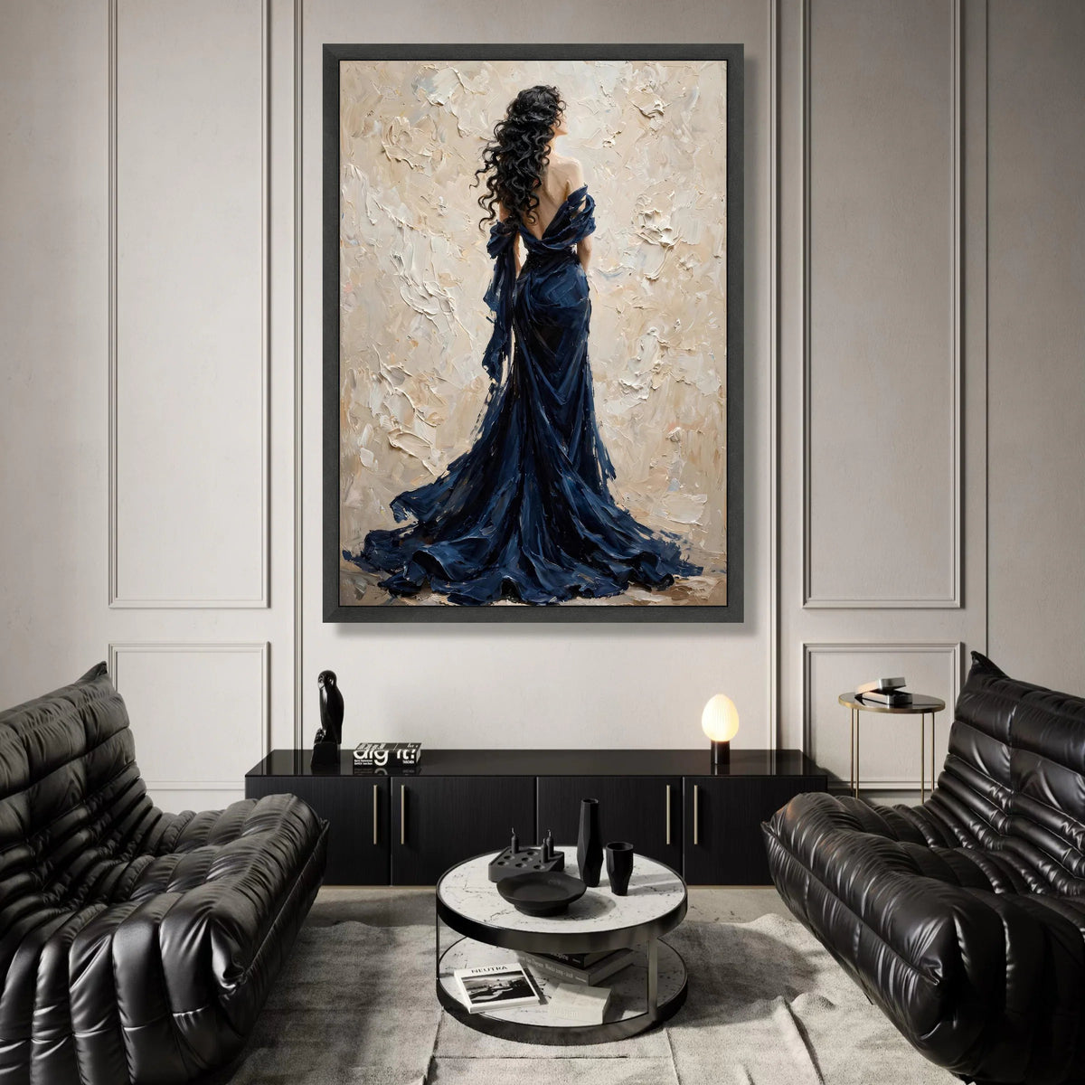 Elegant Woman Flowing Navy Dress, Romantic Portrait Canvas, Contemporary Figure Art, Graceful Female Wall Decoration, Home Canvas Print Art