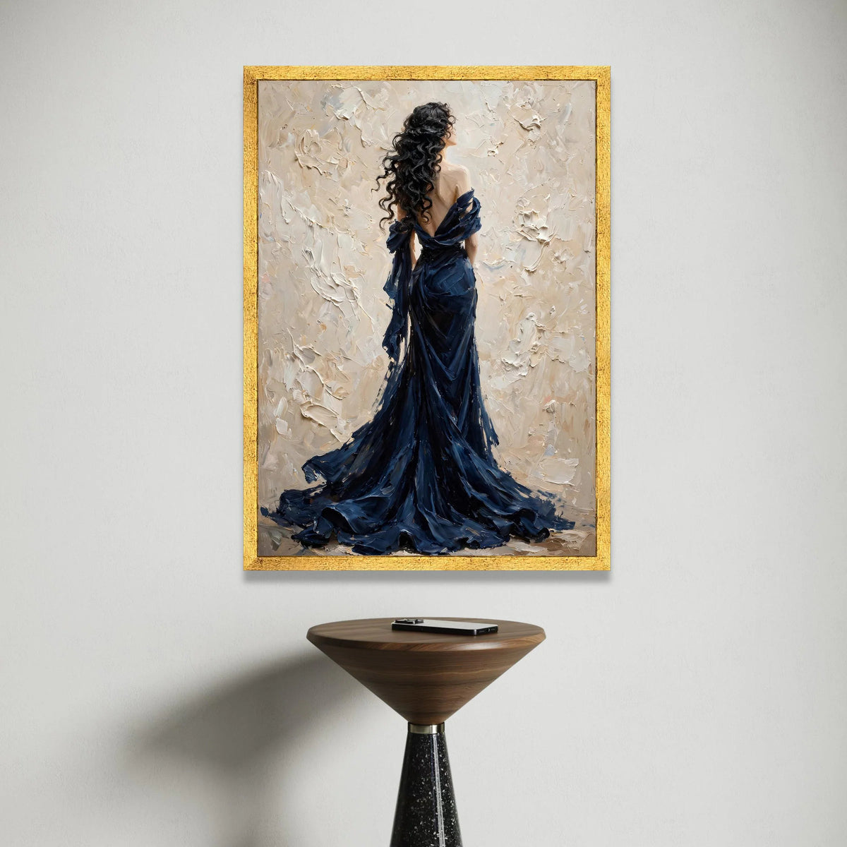 Elegant Woman Flowing Navy Dress, Romantic Portrait Canvas, Contemporary Figure Art, Graceful Female Wall Decoration, Home Canvas Print Art