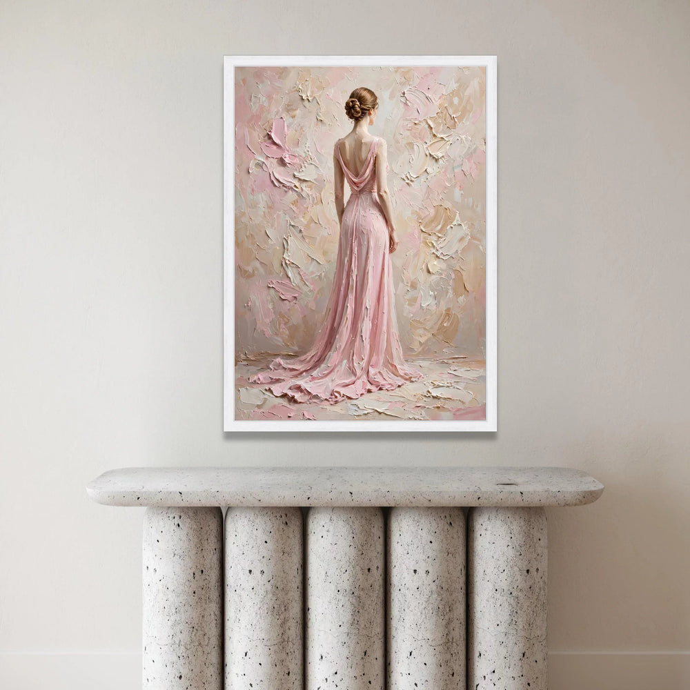 Elegant Woman Pink Dress Canvas, Feminine Figure Wall Art, Soft Pastel Home Decor, Graceful Back View Painting, Romantic Canvas Print Art
