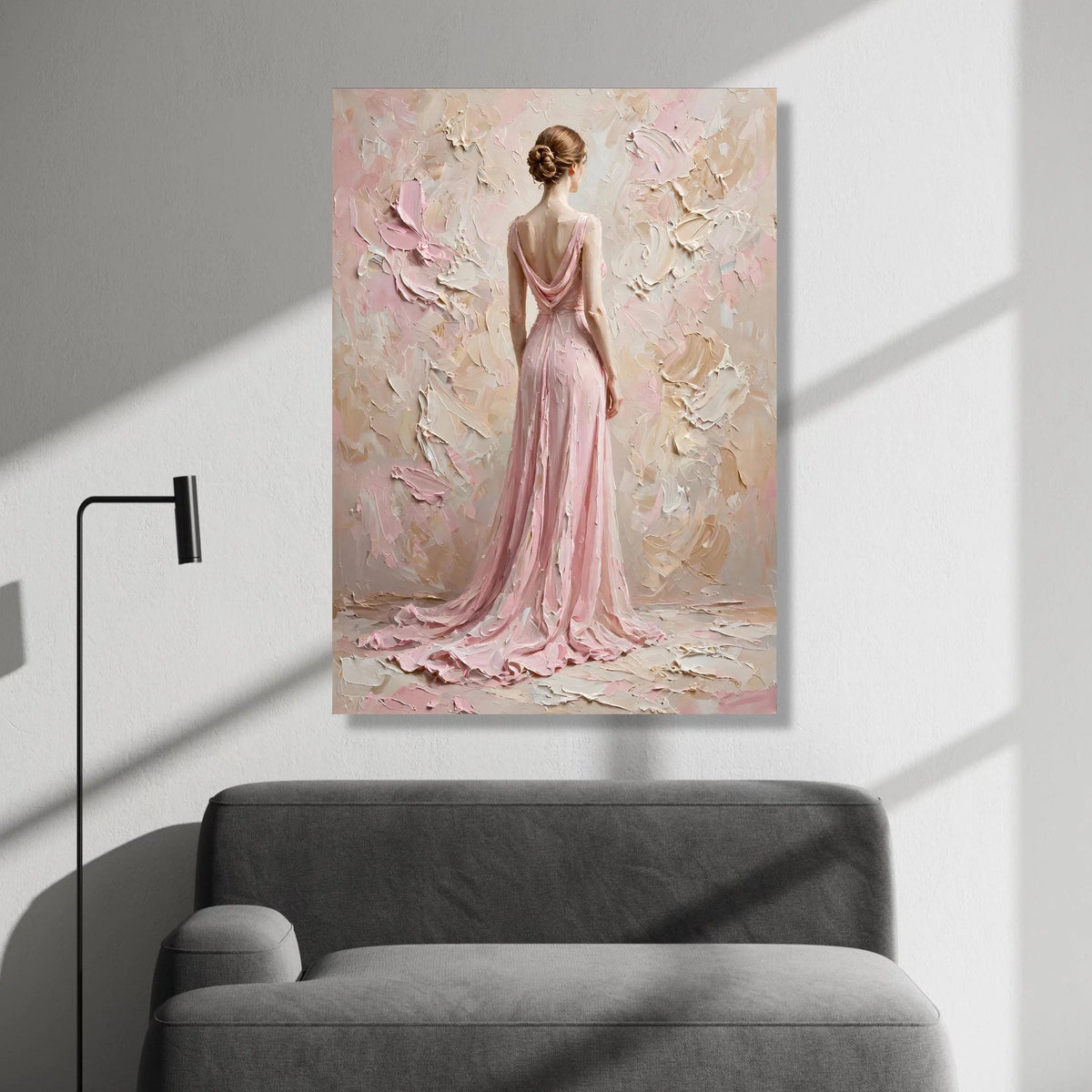 Elegant Woman Pink Dress Canvas, Feminine Figure Wall Art, Soft Pastel Home Decor, Graceful Back View Painting, Romantic Canvas Print Art