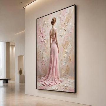 Elegant Woman Pink Dress Canvas, Feminine Figure Wall Art, Soft Pastel Home Decor, Graceful Back View Painting, Romantic Canvas Print Art
