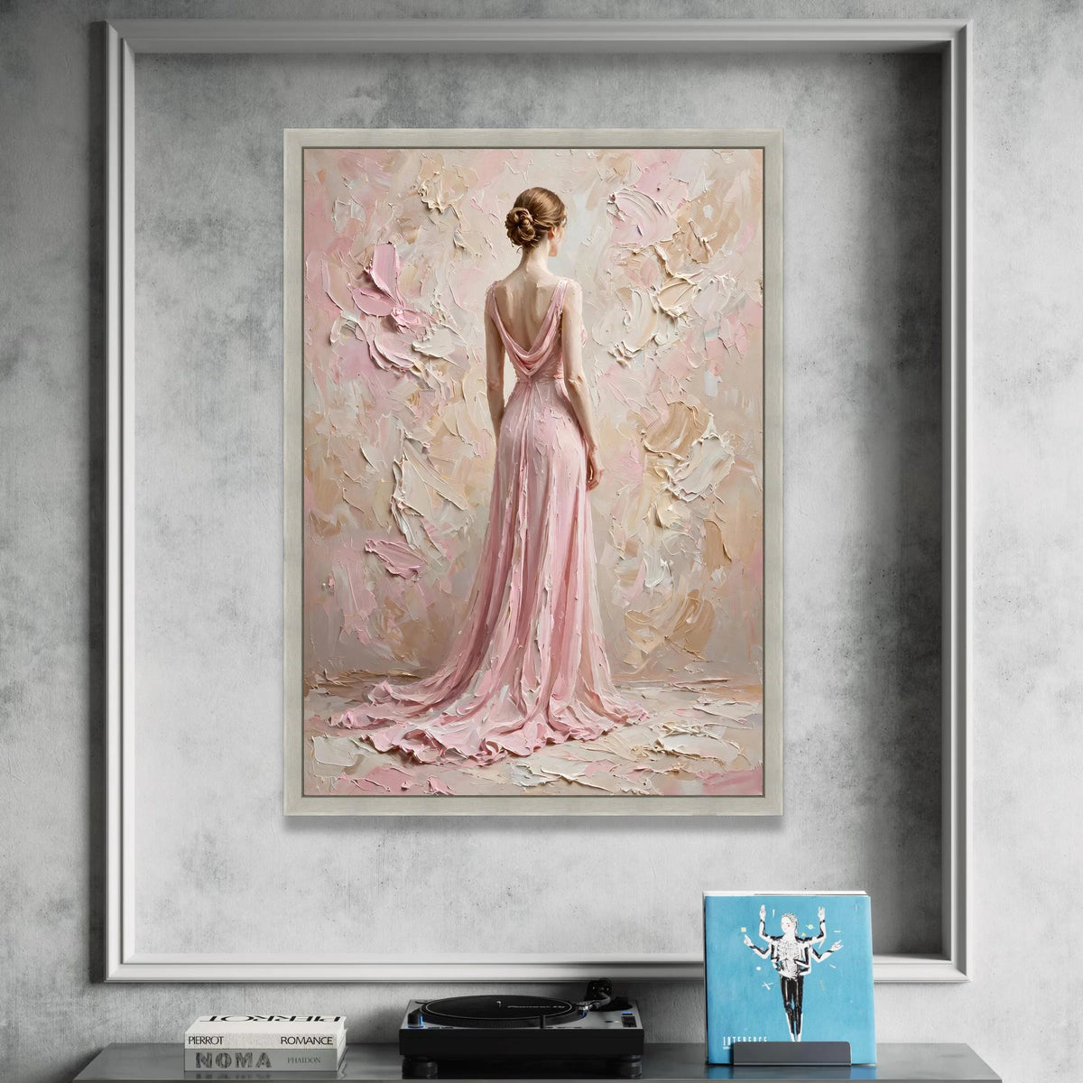 Elegant Woman Pink Dress Canvas, Feminine Figure Wall Art, Soft Pastel Home Decor, Graceful Back View Painting, Romantic Canvas Print Art