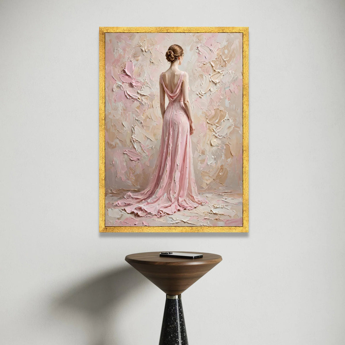 Elegant Woman Pink Dress Canvas, Feminine Figure Wall Art, Soft Pastel Home Decor, Graceful Back View Painting, Romantic Canvas Print Art