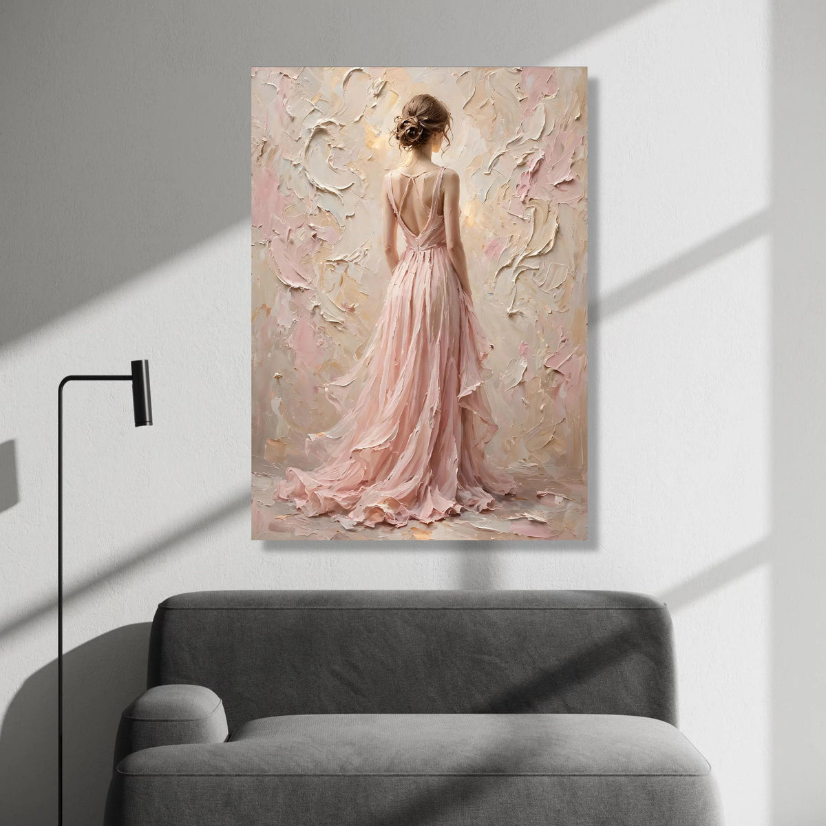 Elegant Woman Flowing Pink Dress Canvas, Romantic Female Portrait Wall Art, Soft Pastel Decorative Canvas, Graceful Home Canvas Print Art