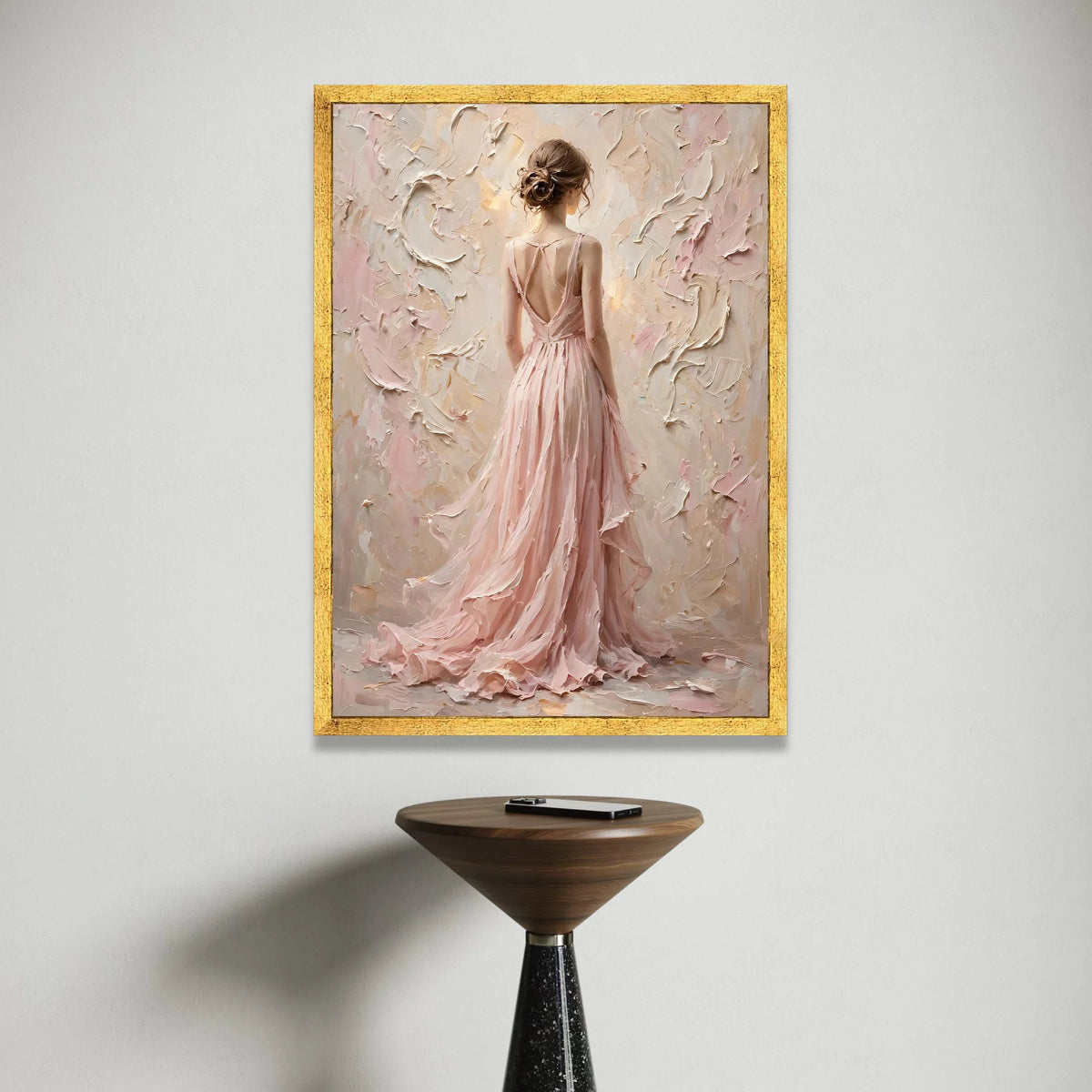 Elegant Woman Flowing Pink Dress Canvas, Romantic Female Portrait Wall Art, Soft Pastel Decorative Canvas, Graceful Home Canvas Print Art
