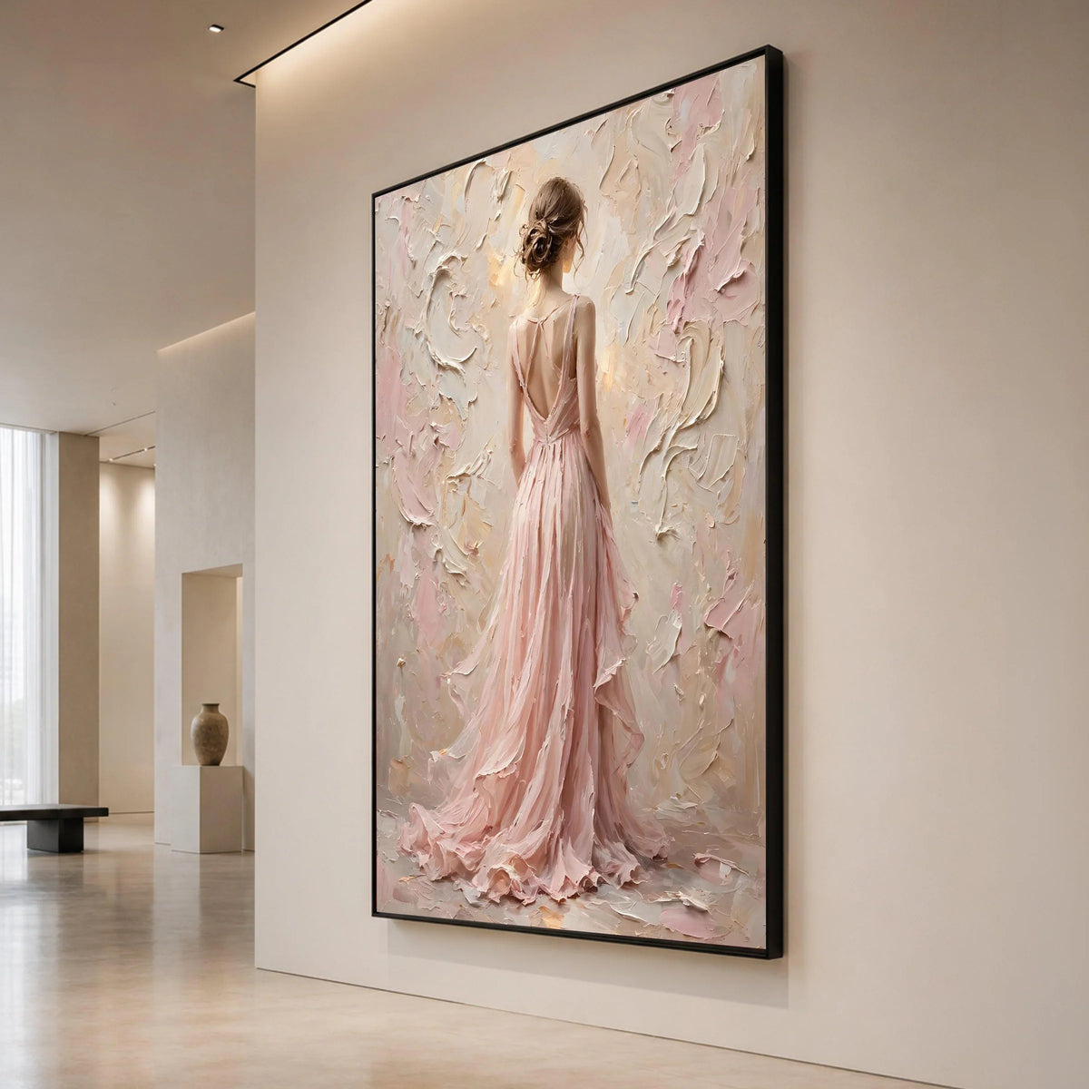 Elegant Woman Flowing Pink Dress Canvas, Romantic Female Portrait Wall Art, Soft Pastel Decorative Canvas, Graceful Home Canvas Print Art