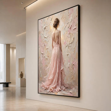 Elegant Woman Flowing Pink Dress Canvas, Romantic Female Portrait Wall Art, Soft Pastel Decorative Canvas, Graceful Home Canvas Print Art