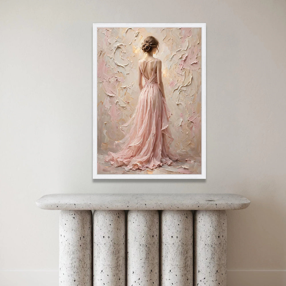 Elegant Woman Flowing Pink Dress Canvas, Romantic Female Portrait Wall Art, Soft Pastel Decorative Canvas, Graceful Home Canvas Print Art