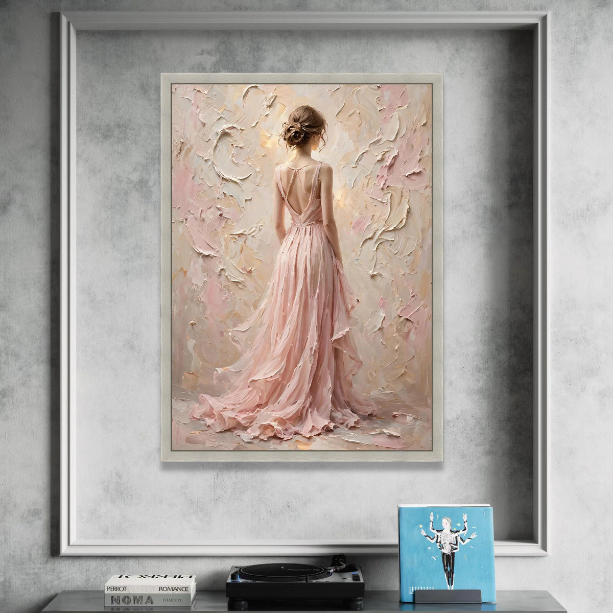 Elegant Woman Flowing Pink Dress Canvas, Romantic Female Portrait Wall Art, Soft Pastel Decorative Canvas, Graceful Home Canvas Print Art