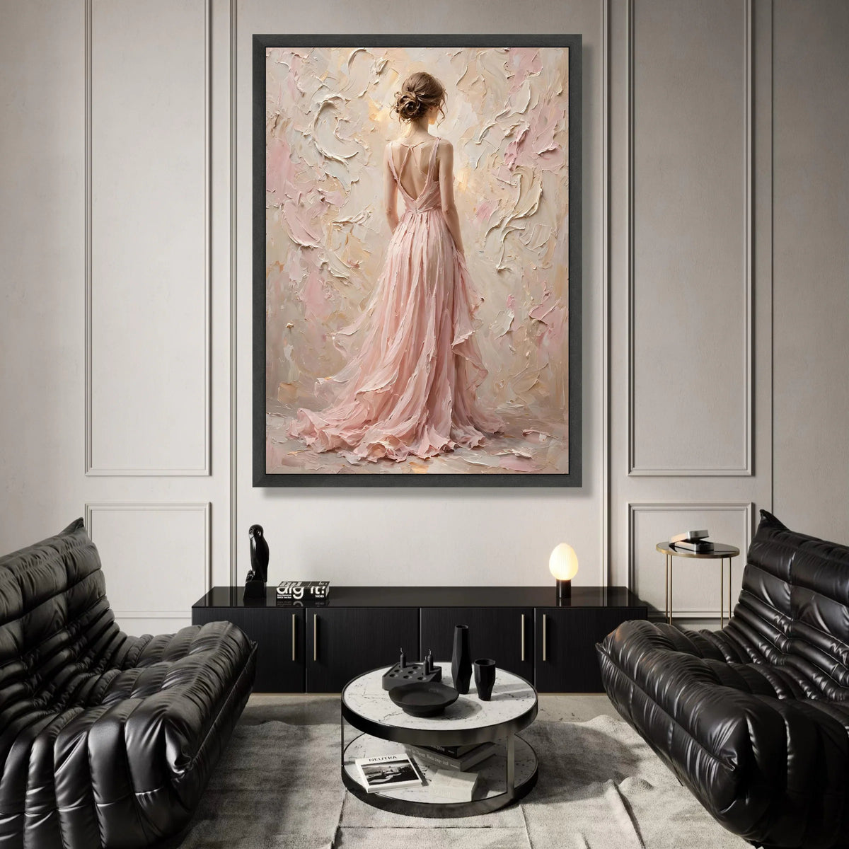 Elegant Woman Flowing Pink Dress Canvas, Romantic Female Portrait Wall Art, Soft Pastel Decorative Canvas, Graceful Home Canvas Print Art