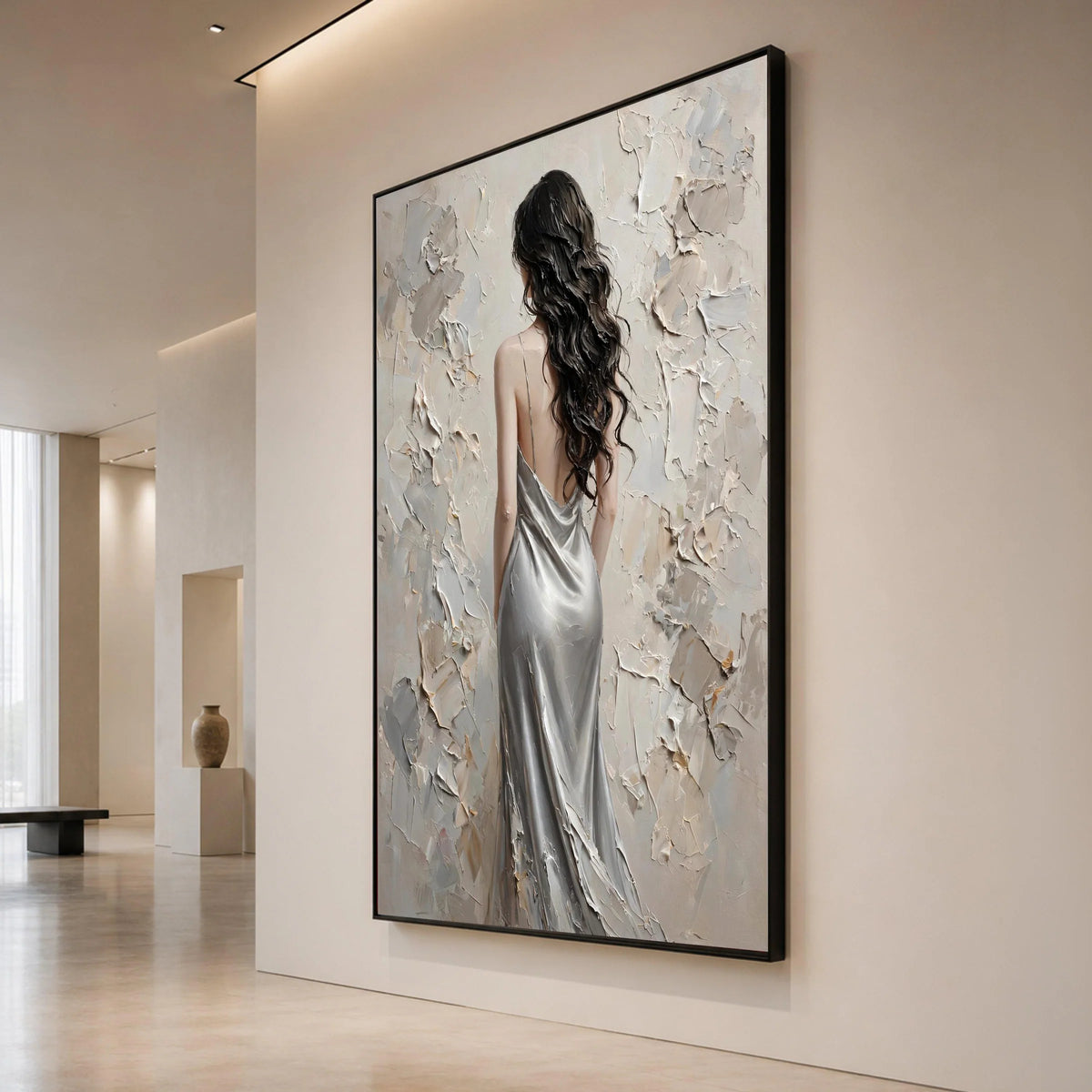Elegant Woman Silver Dress Canvas, Modern Female Portrait Wall Art, Stylish Home Decoration, Luxury Bedroom Canvas Canvas Print Art