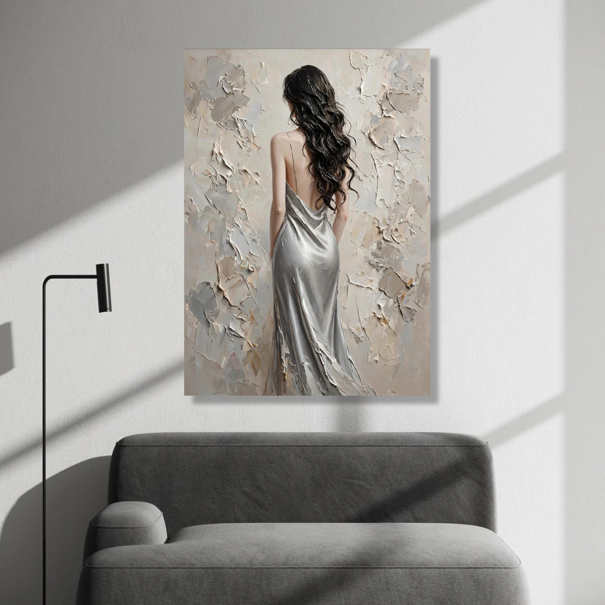 Elegant Woman Silver Dress Canvas, Modern Female Portrait Wall Art, Stylish Home Decoration, Luxury Bedroom Canvas Canvas Print Art