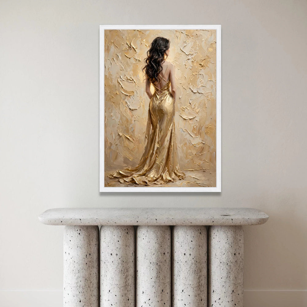 Elegant Woman Gold Dress Canvas, Back View Portrait Wall Art, Glamour Fashion Painting, Luxurious Home Decoration, Feminine Canvas Print Art